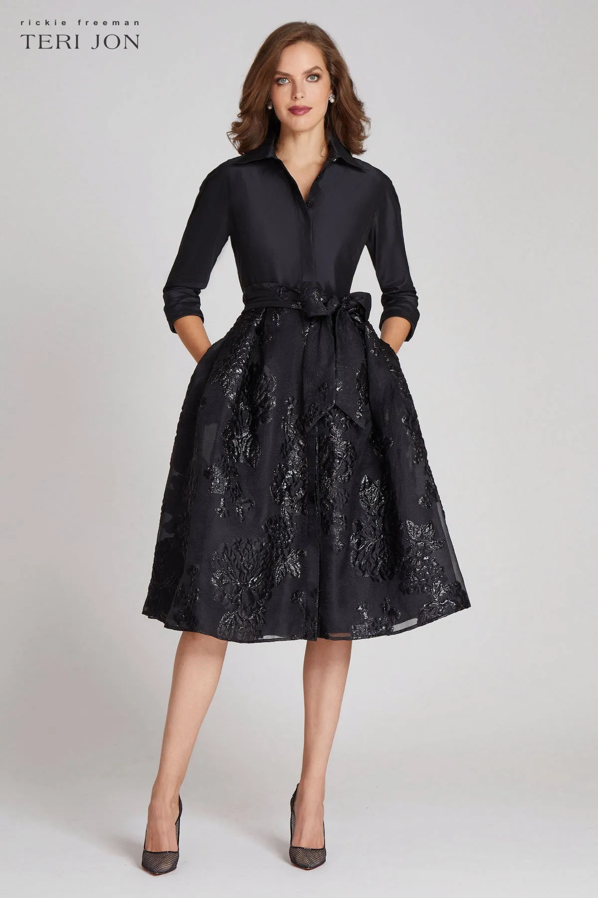 Taffeta Shirt Dress with Organza Jacquard Skirt sold by Teri Jon product image thumbnail 2