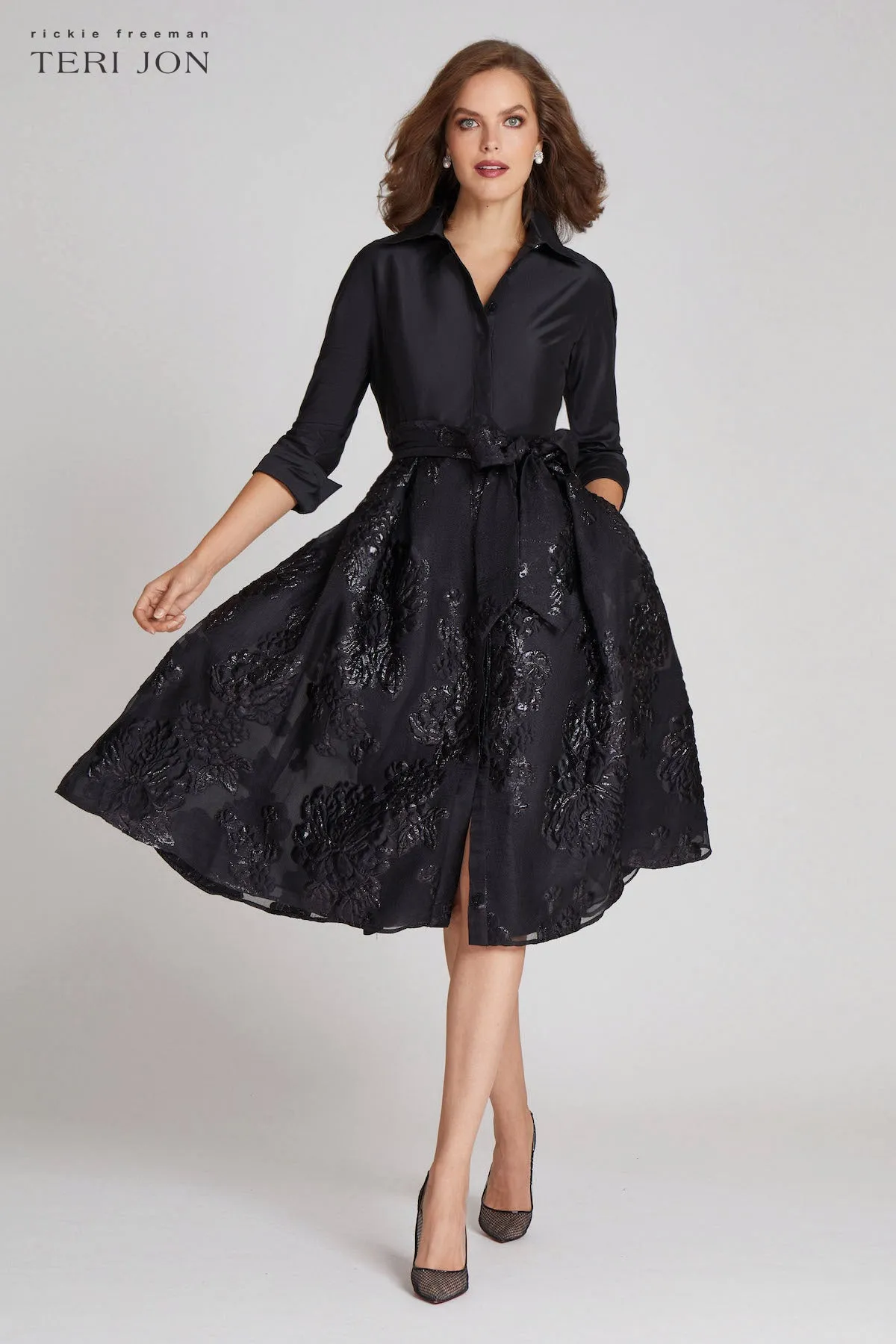 Taffeta Shirt Dress with Organza Jacquard Skirt sold by Teri Jon