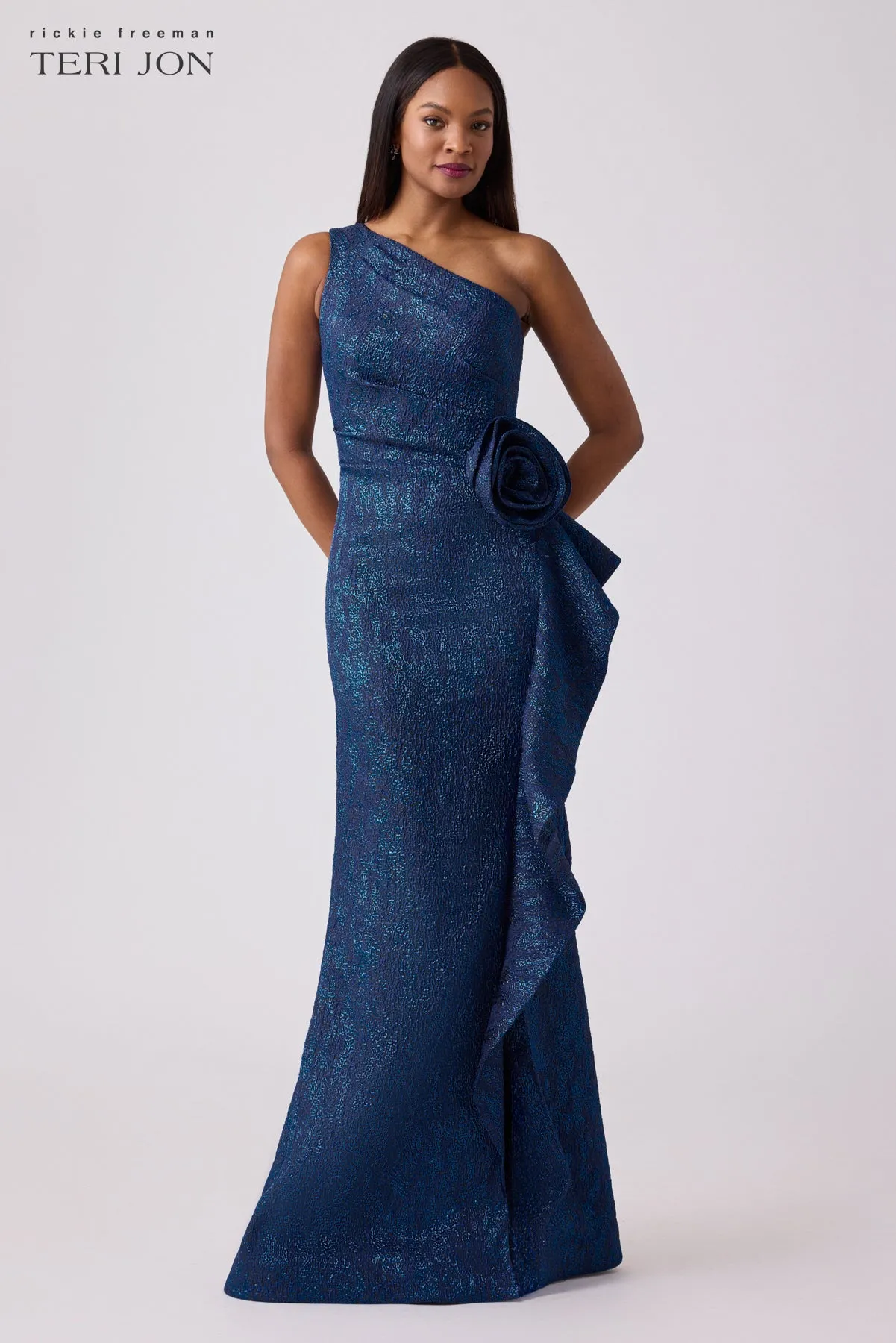 Jacquard Side Ruffle Gown with 3D Drape sold by Teri Jon product image thumbnail 2