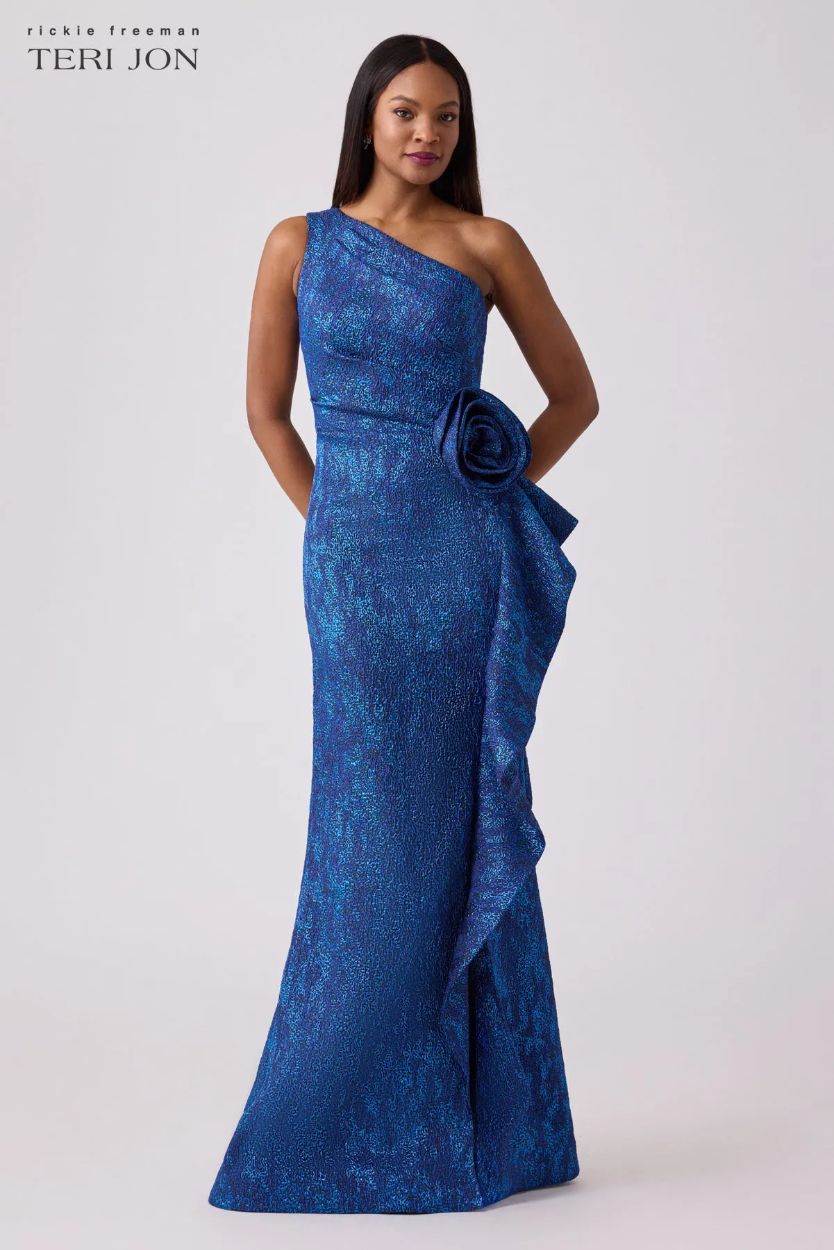 Jacquard Side Ruffle Gown with 3D Drape sold by Teri Jon product image thumbnail 3