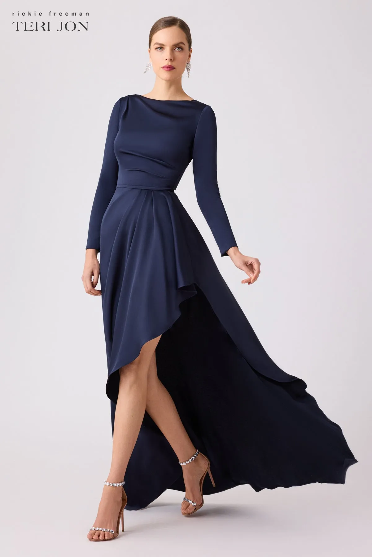 Navy Long Sleeve Front Drape Gown sold by Teri Jon product image thumbnail 3
