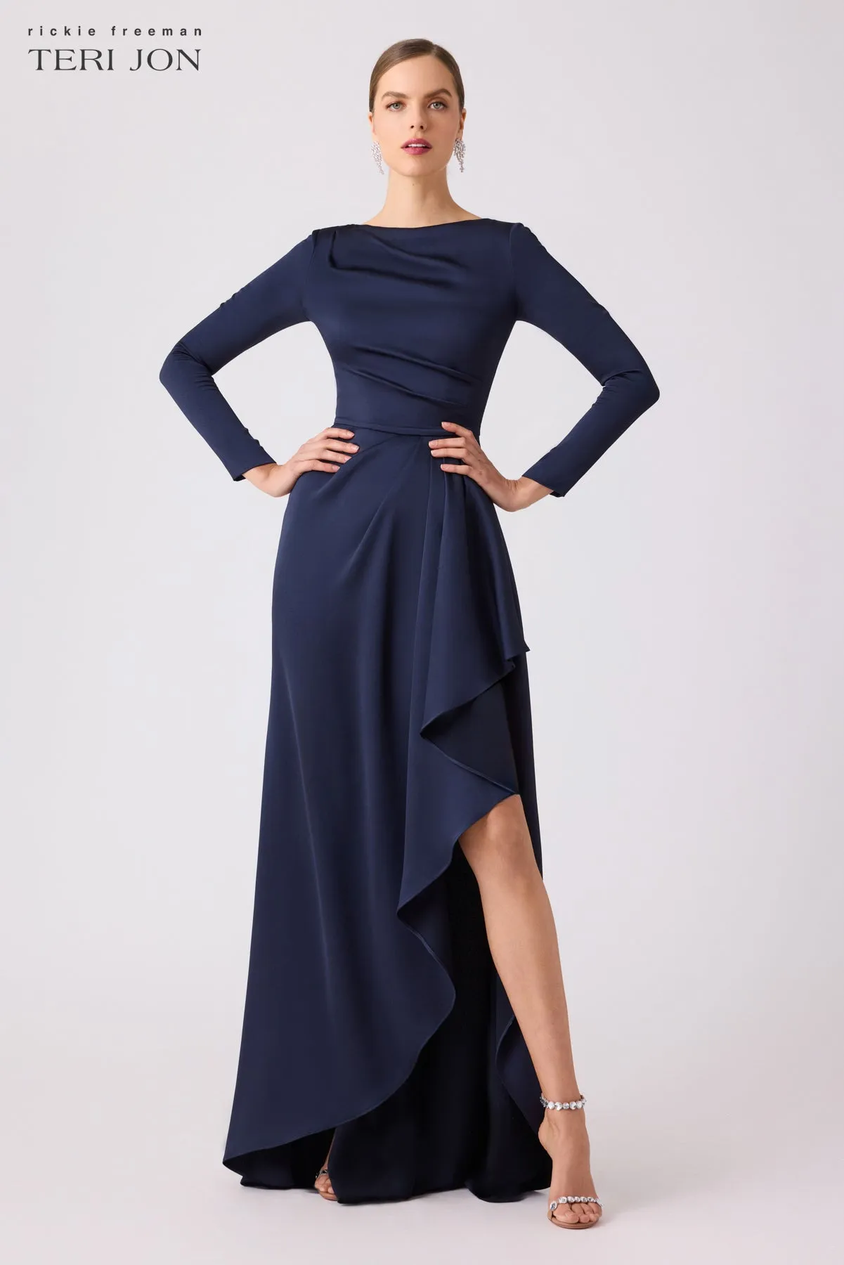 Navy Long Sleeve Front Drape Gown sold by Teri Jon