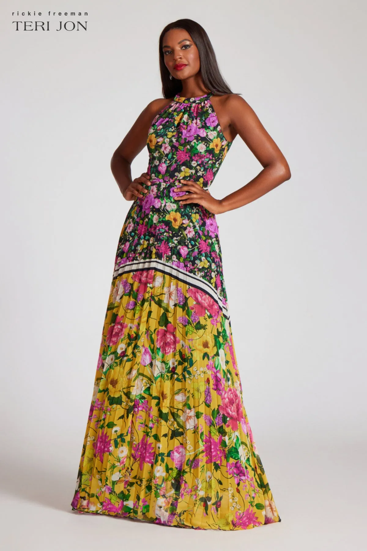 Floral Pleated Halter Neck Gown sold by Teri Jon