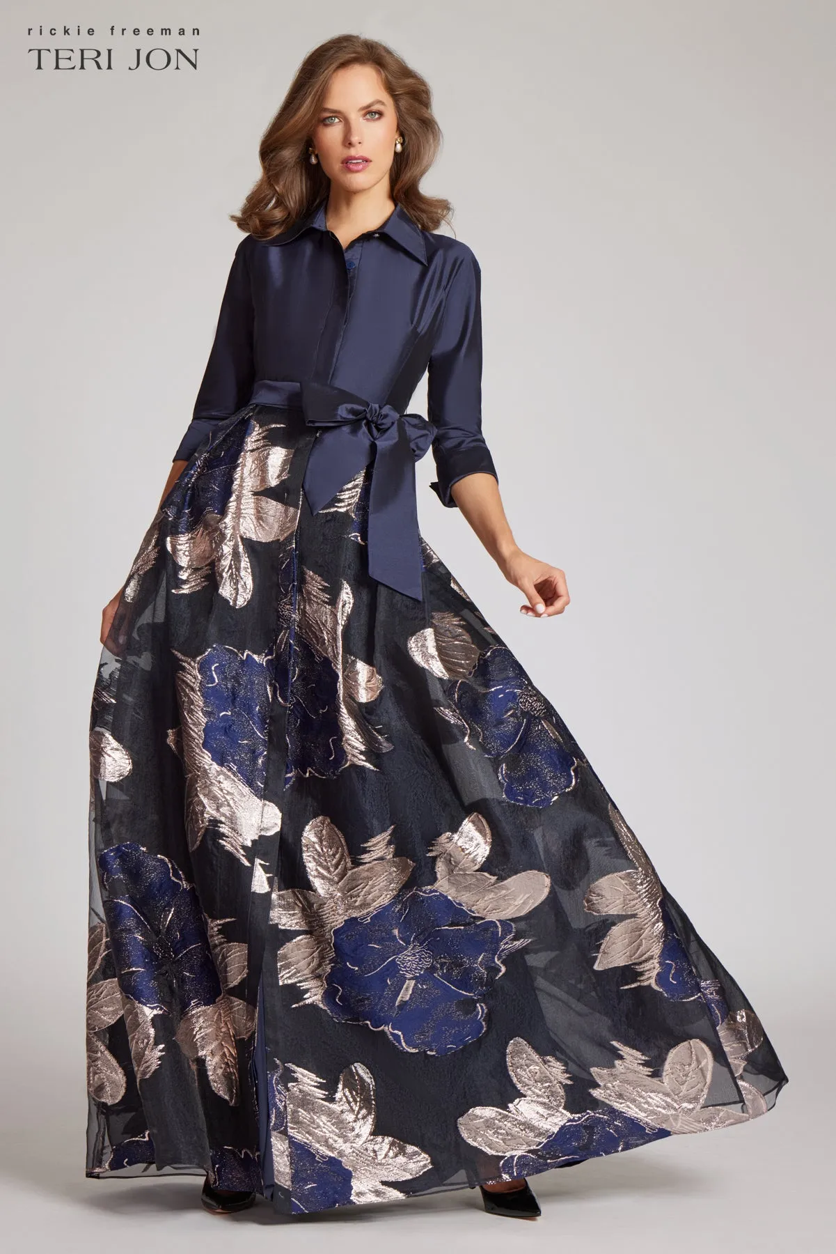 Navy Taffeta Shirtdress with Burnout Floral Print sold by Teri Jon product image thumbnail 2