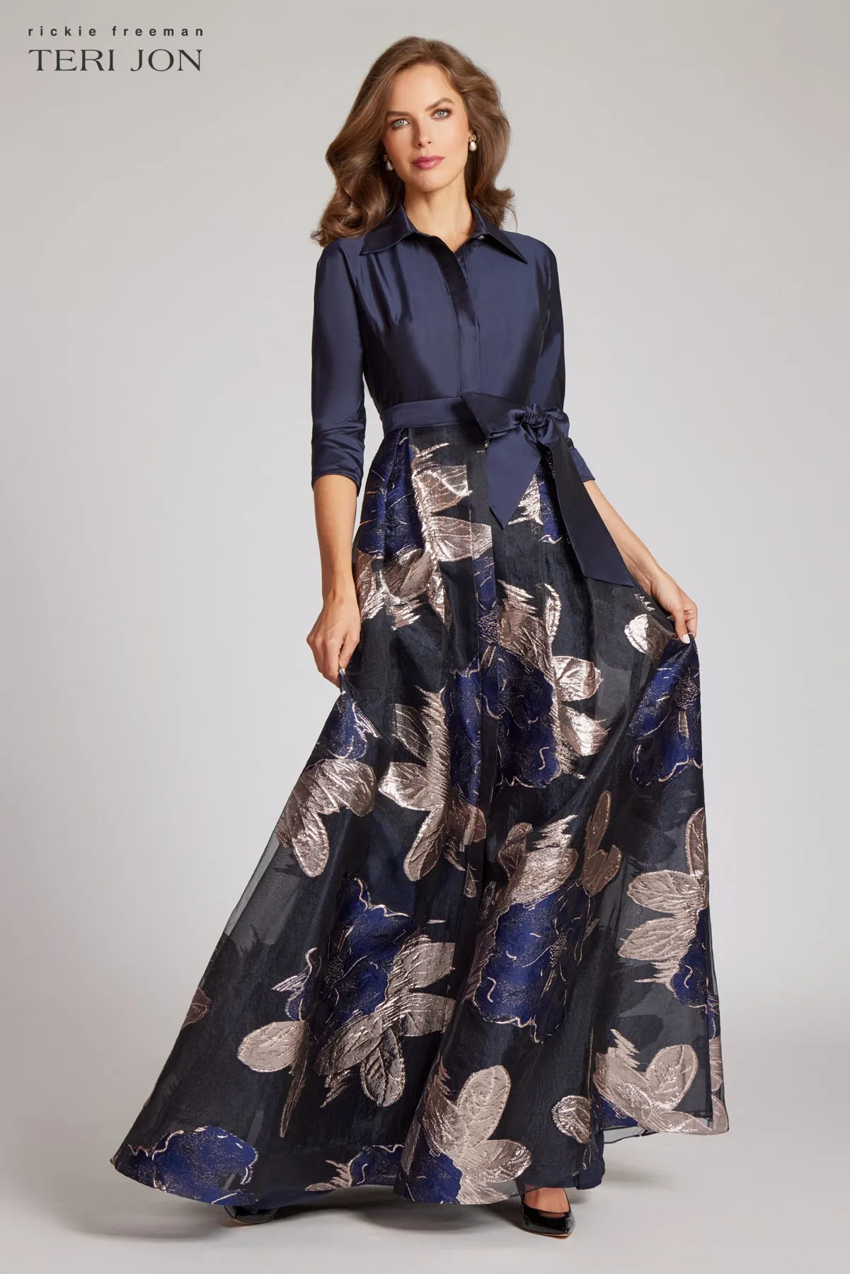 Navy Taffeta Shirtdress with Burnout Floral Print sold by Teri Jon