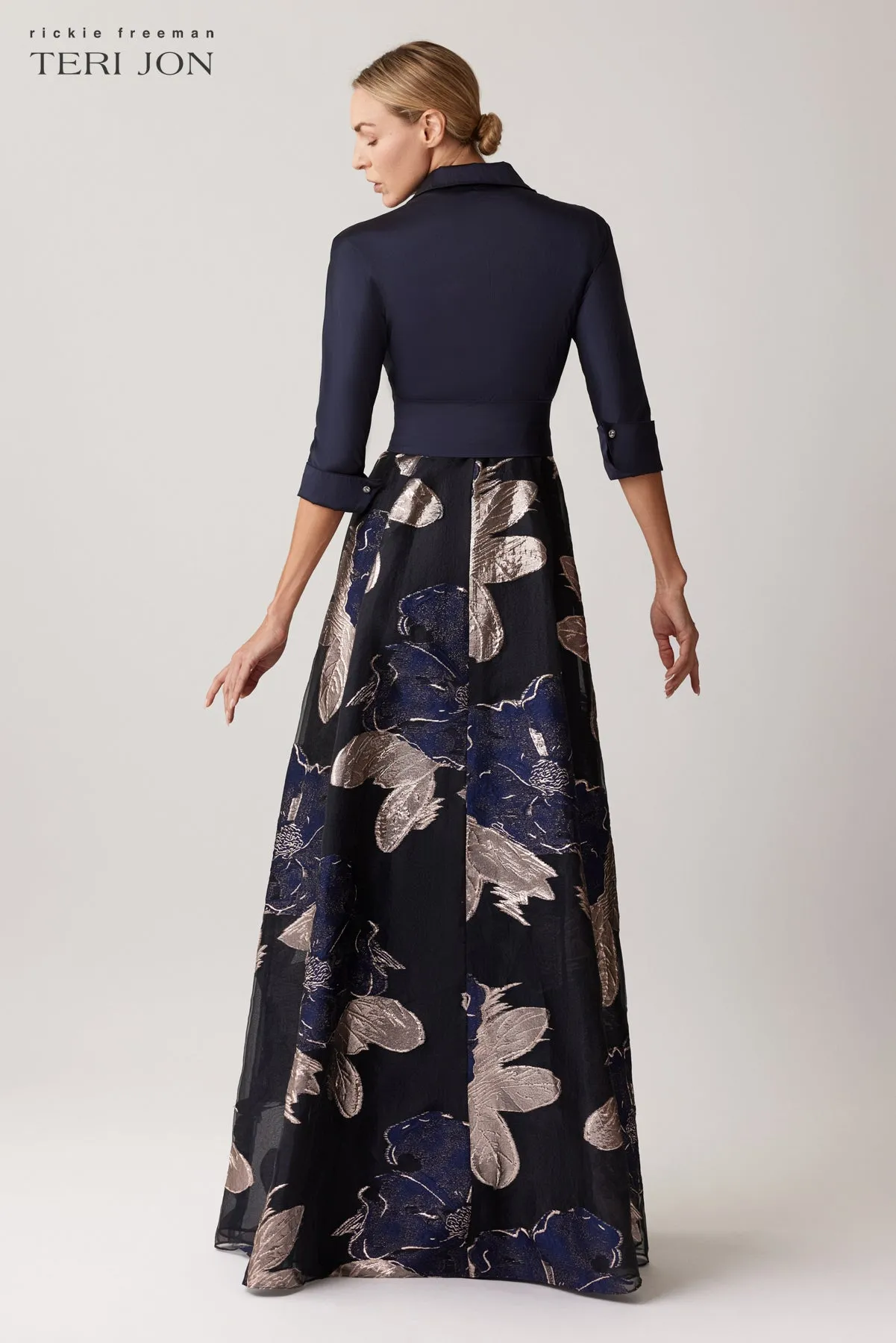 Navy Taffeta Shirtdress with Burnout Floral Print sold by Teri Jon product image thumbnail 4