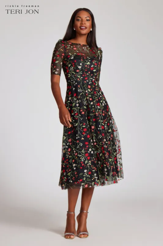 Floral Embroidered Tulle Midi Dress sold by Teri Jon