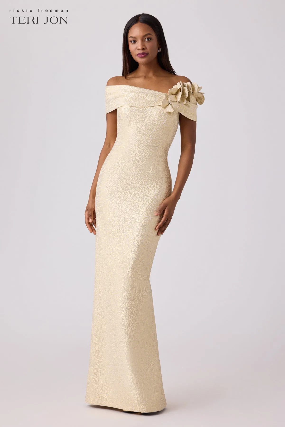 Jacquard 3D Flower Column Gown sold by Teri Jon