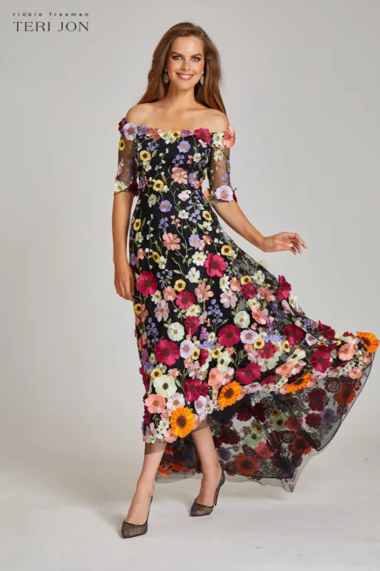 Off the Shoulder Floral Appliqued Lace High Low Dress sold by Teri Jon