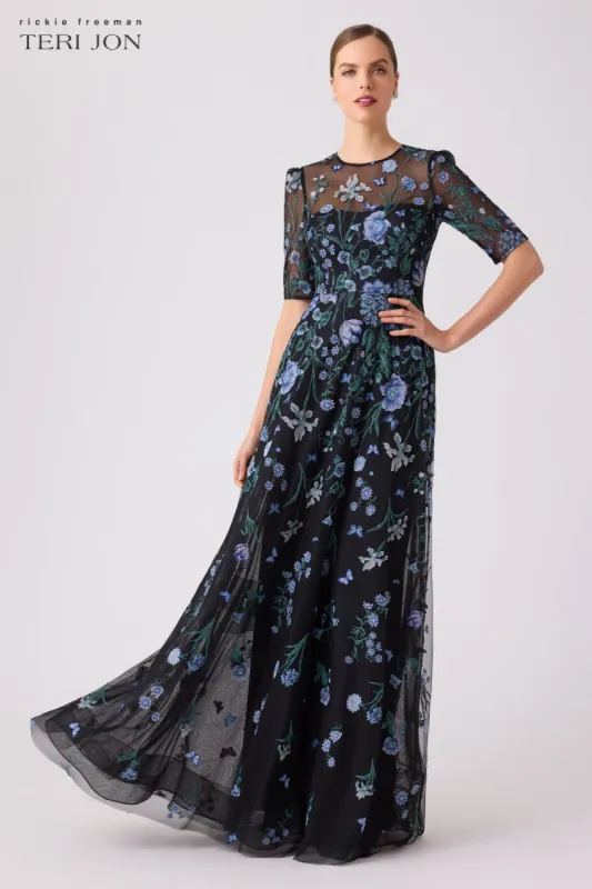 Black Multi 3D Embroidered Gown sold by Teri Jon