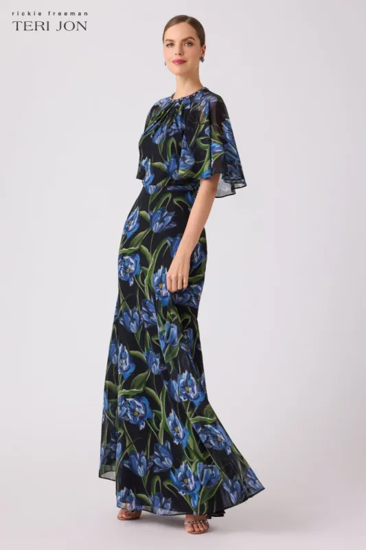 Black Chiffon Gown With Iris Print sold by Teri Jon
