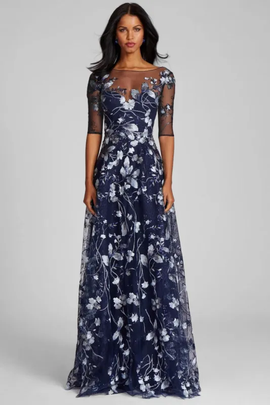 Embroidered Lace Illusion Gown With Elbow Sleeves sold by Teri Jon