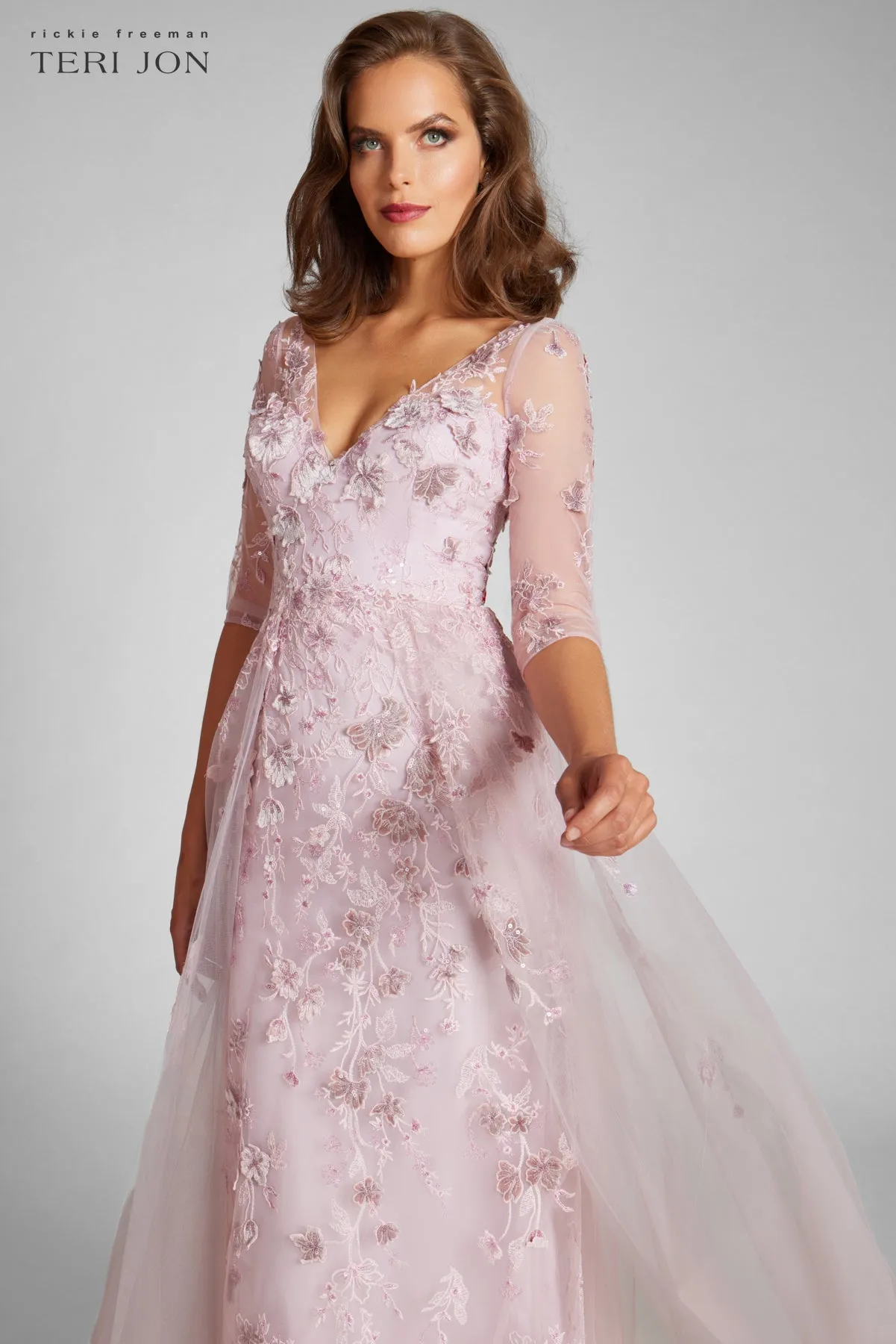 Tulle Velvet Floral Applique Gown sold by Teri Jon product image thumbnail 5