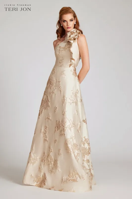 Metallic Jacquard One Shoulder 3D Self Flower Gown sold by Teri Jon