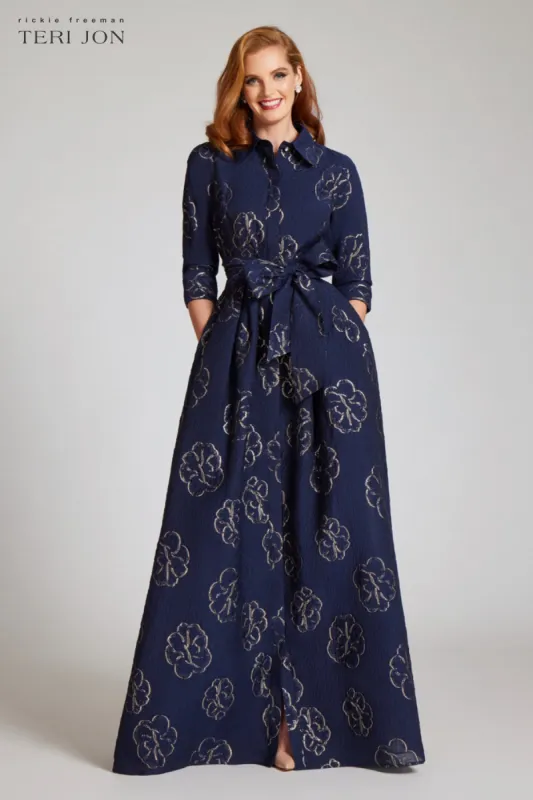 Metallic Flower Jacquard Shirt Waist Gown sold by Teri Jon