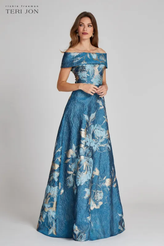 Large Floral Pattern Jacquard Off the Shoulder Gown sold by Teri Jon