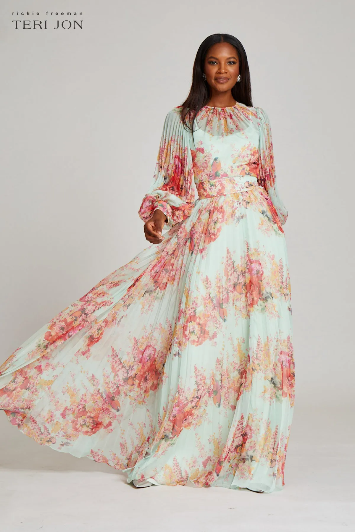 Printed Floral Pleated Maxi Gown sold by Teri Jon