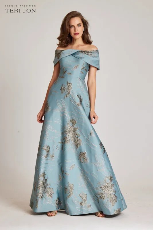 Off Shoulder Metallic Jacquard A Line Skirt Gown sold by Teri Jon