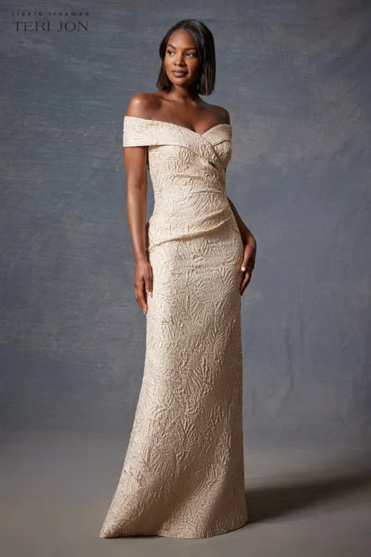 Metallic Jacquard Portrait Collar Side Drape Gown sold by Teri Jon