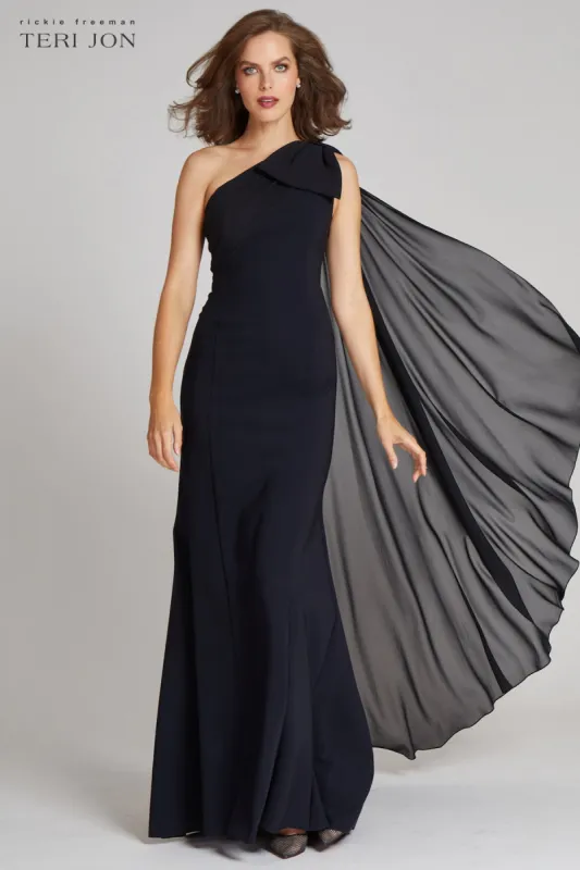 One Shoulder Scuba Gown With Chiffon Cape sold by Teri Jon
