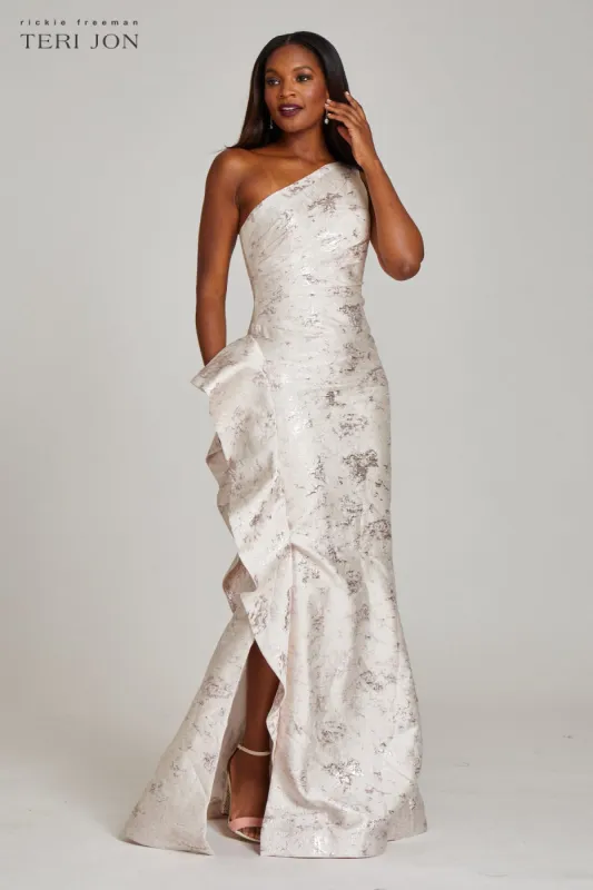 Jacquard One Shoulder Side Ruffle Gown sold by Teri Jon