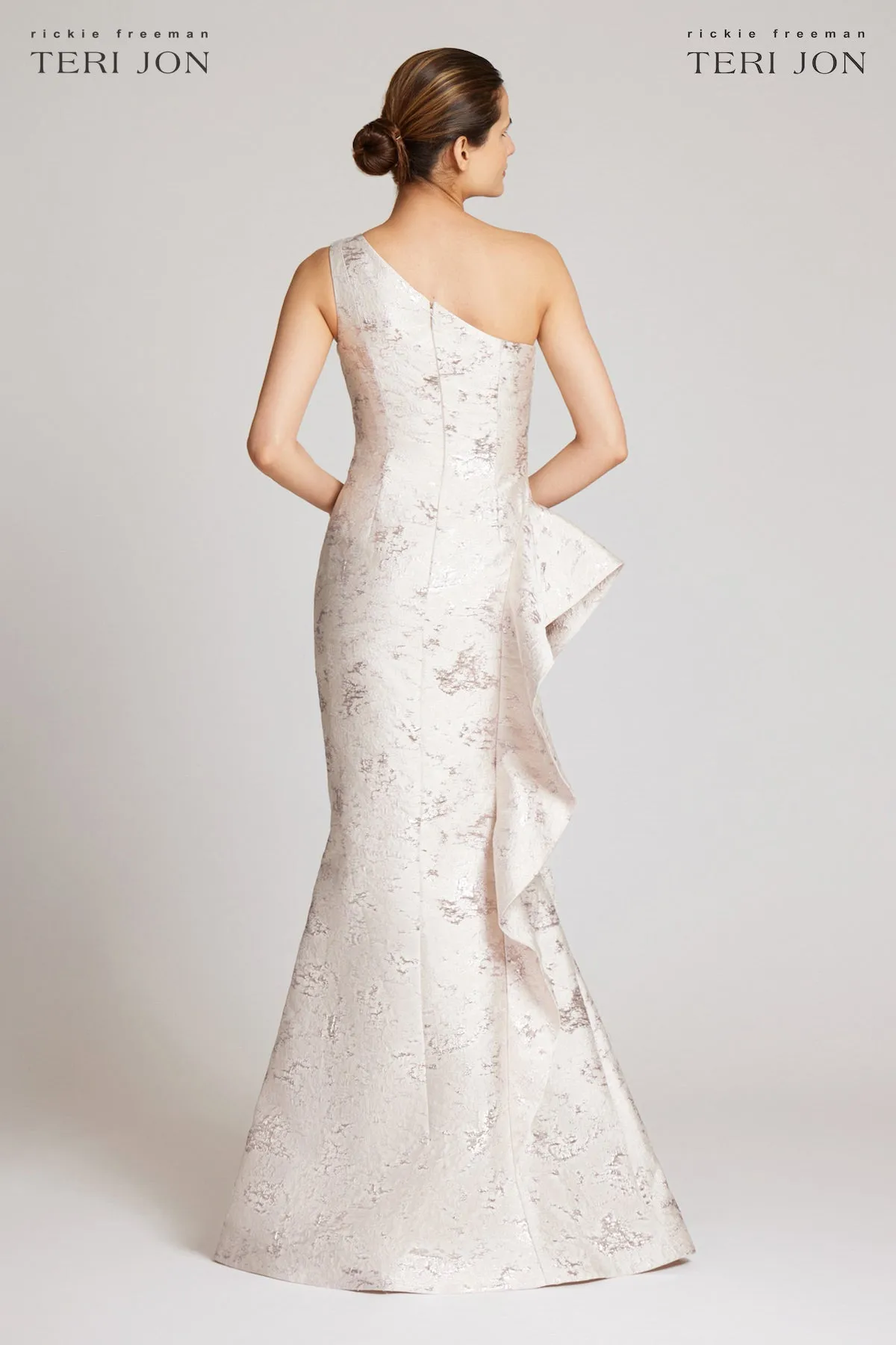 Jacquard One Shoulder Side Ruffle Gown sold by Teri Jon product image thumbnail 3