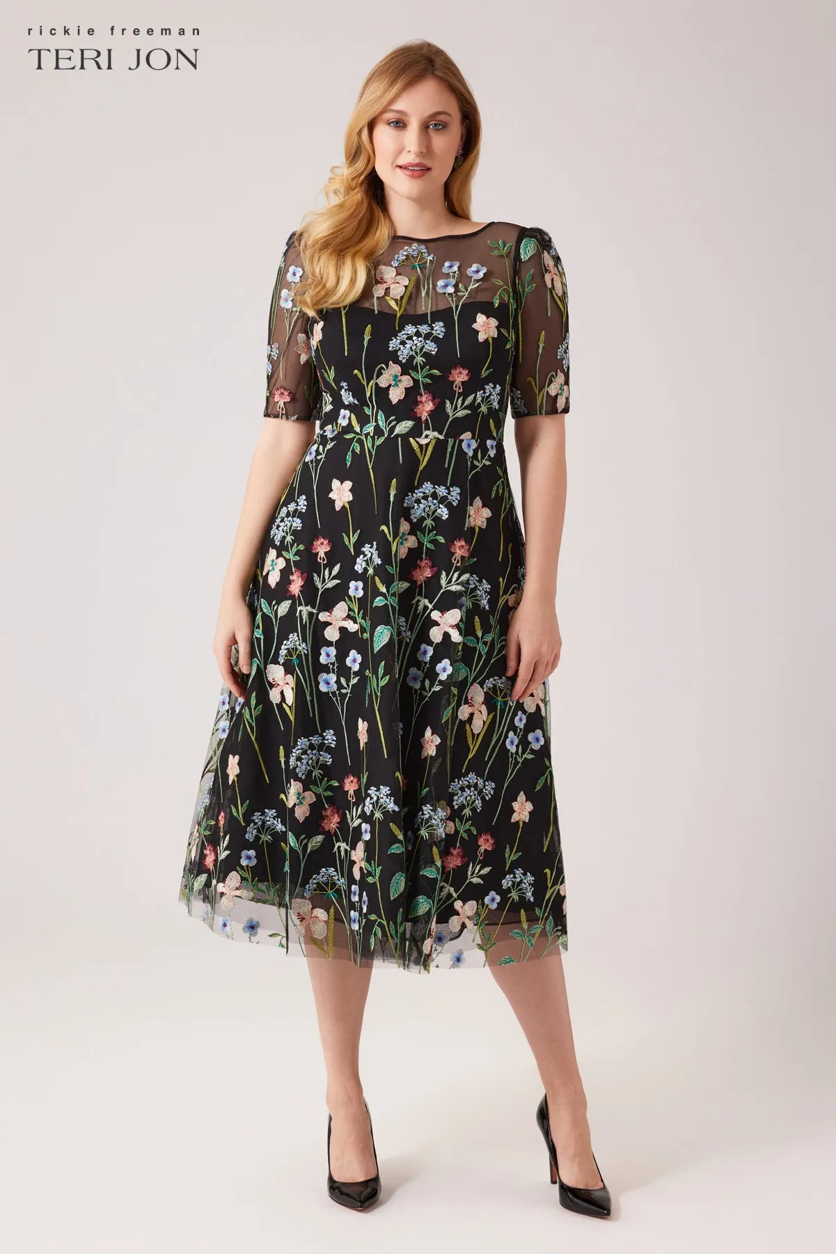 Embroidered Tulle Dress With Floral Print sold by Teri Jon product image thumbnail 2
