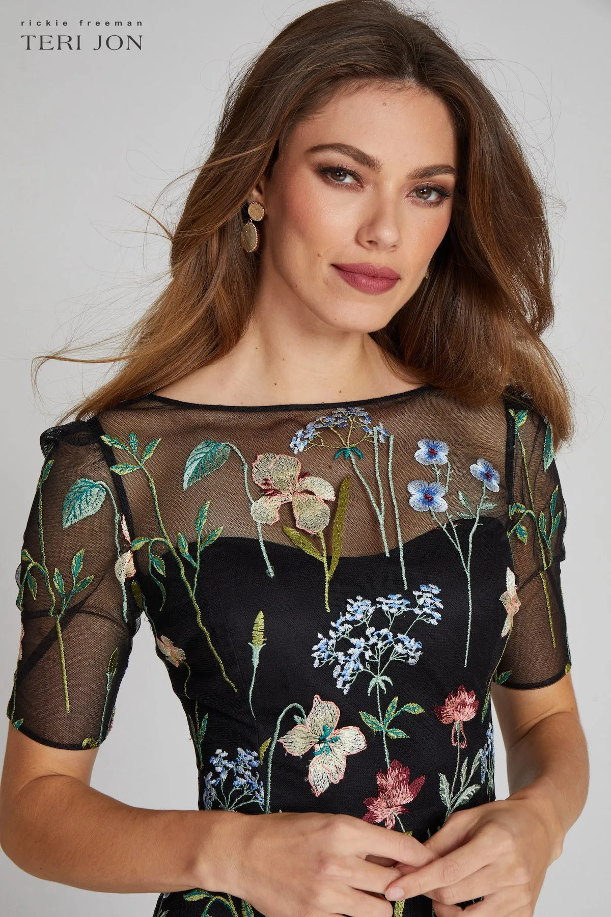 Embroidered Tulle Dress With Floral Print sold by Teri Jon product image thumbnail 5