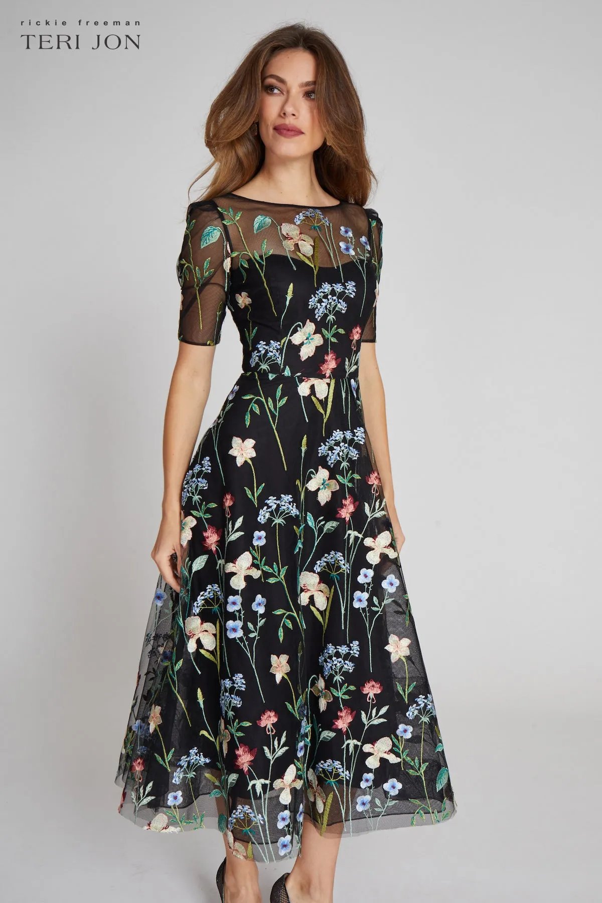 Embroidered Tulle Dress With Floral Print sold by Teri Jon product image thumbnail 3