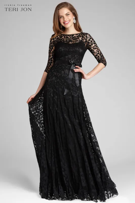 3/4 Sleeve Lace Illusion Gown with Bow sold by Teri Jon