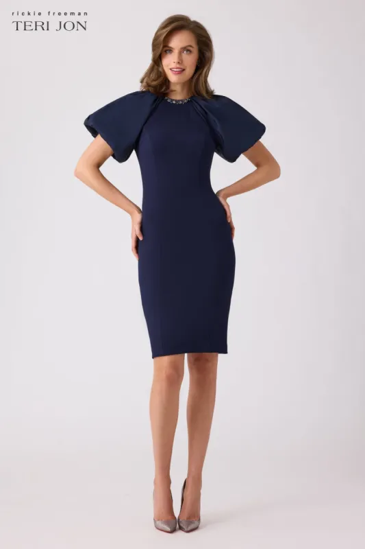 Taffeta Puff Sleeve Crepe Sheath Dress sold by Teri Jon