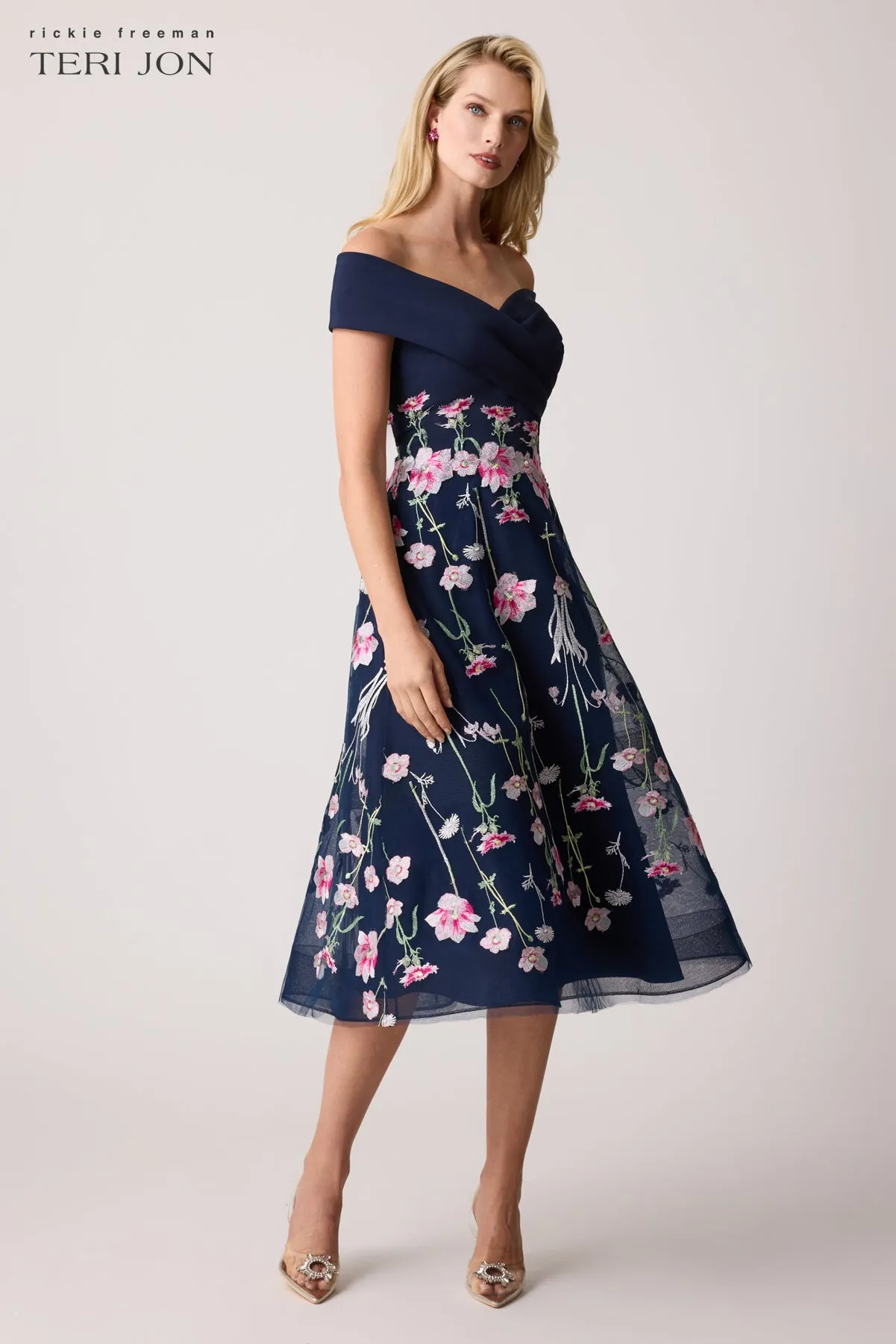 Crepe Off The Shoulder Embroidered Tulle Dress sold by Teri Jon product image thumbnail 2