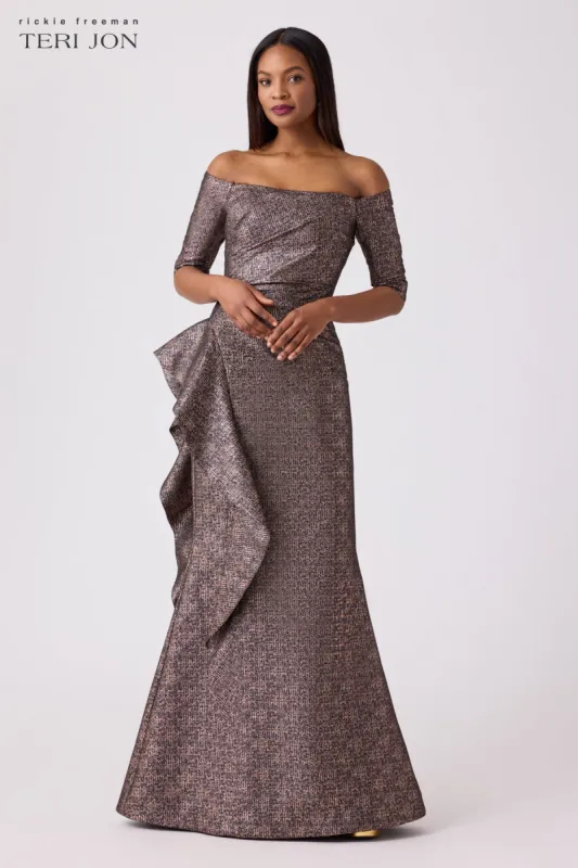 Metallic Jacquard Off The Shoulder Ruffle Gown sold by Teri Jon