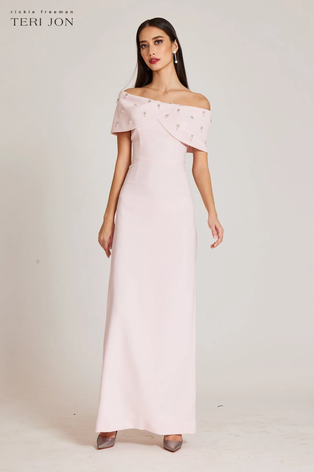 Crepe Off The Shoulder Jewel Trim Portrait Column Gown sold by Teri Jon product image thumbnail 4