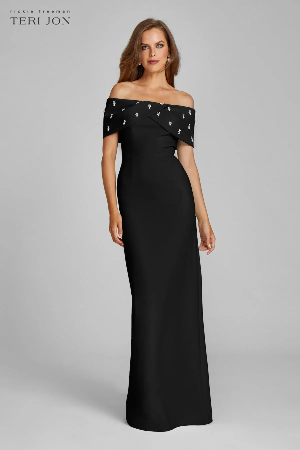 Crepe Off The Shoulder Jewel Trim Portrait Column Gown sold by Teri Jon product image thumbnail 2