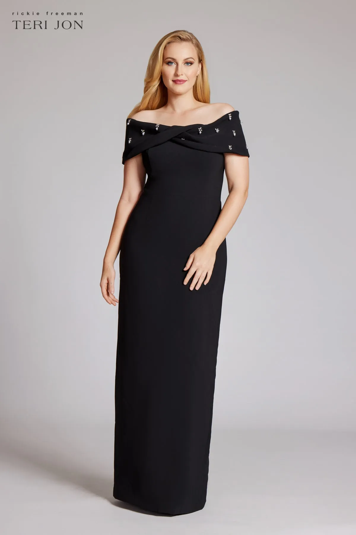 Crepe Off The Shoulder Jewel Trim Portrait Column Gown sold by Teri Jon