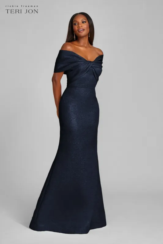 Metallic Jacquard Twist Bodice Off The Shoulder Gown sold by Teri Jon