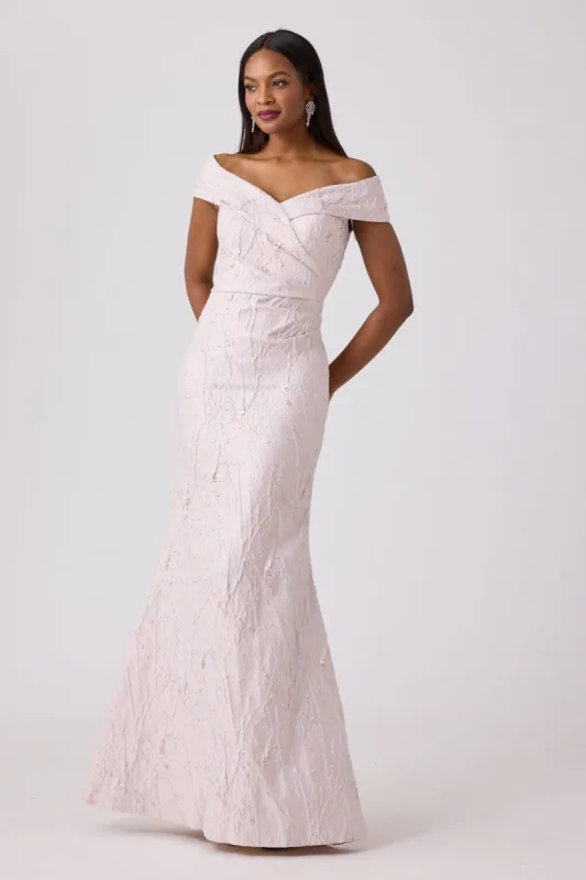 Off The Shoulder Splash Pattern Jacquard Gown sold by Teri Jon