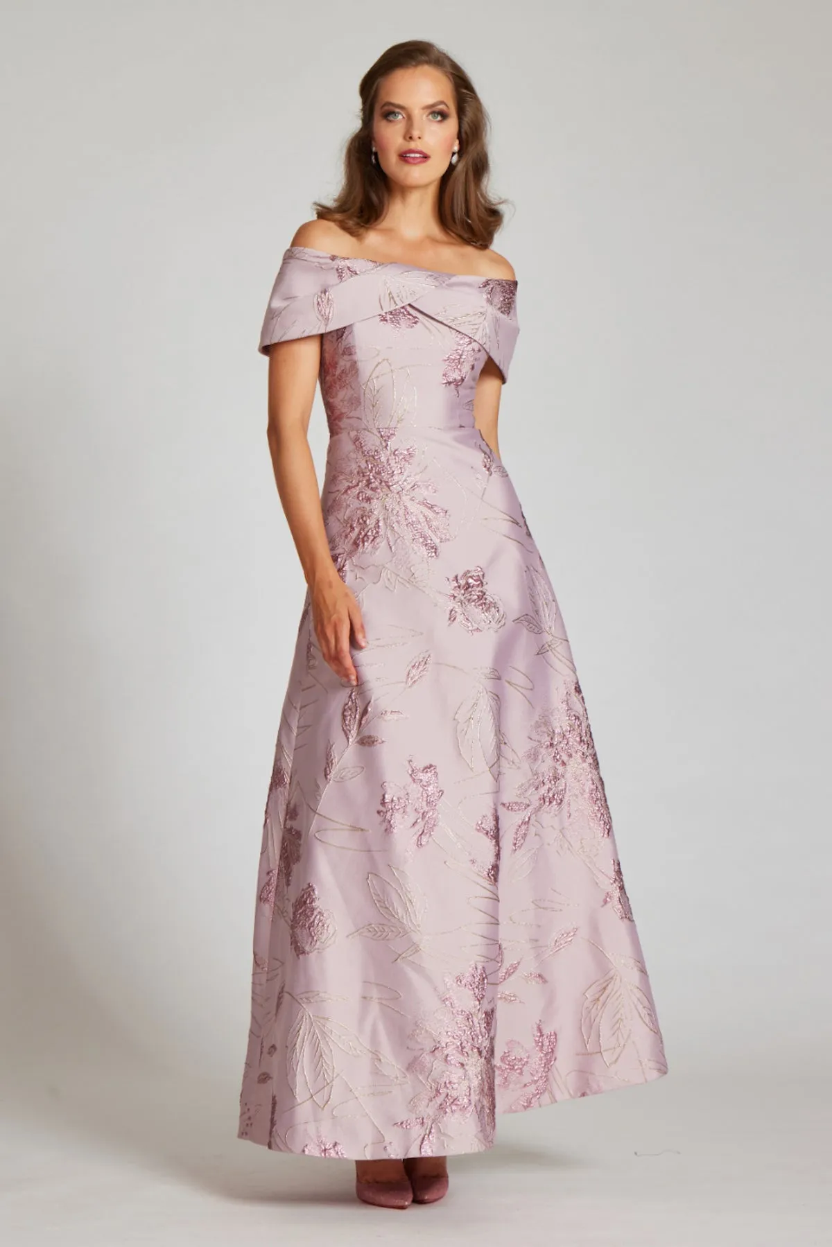 Off The Shoulder Metallic Jacquard A-Line Skirt Gown sold by Teri Jon