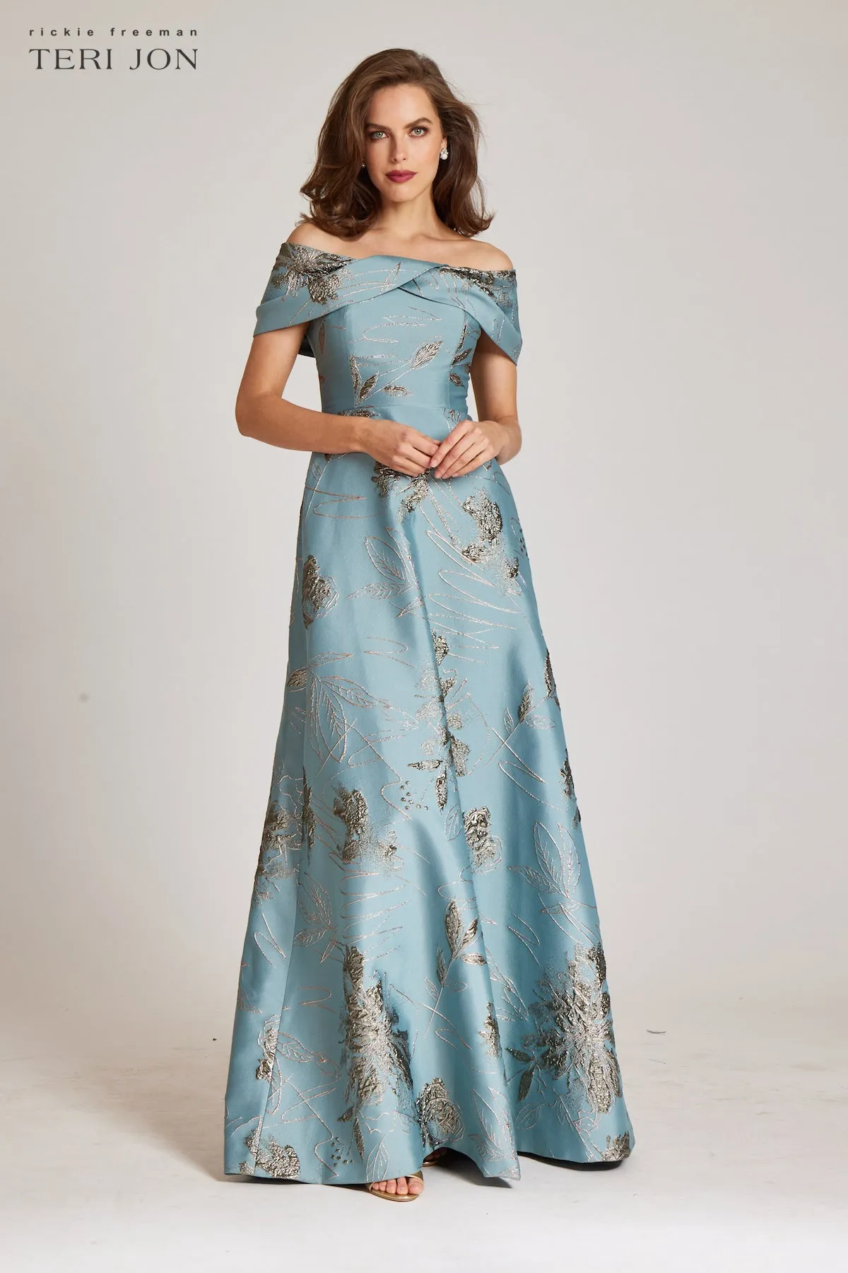 Off The Shoulder Metallic Jacquard A-Line Skirt Gown sold by Teri Jon product image thumbnail 5