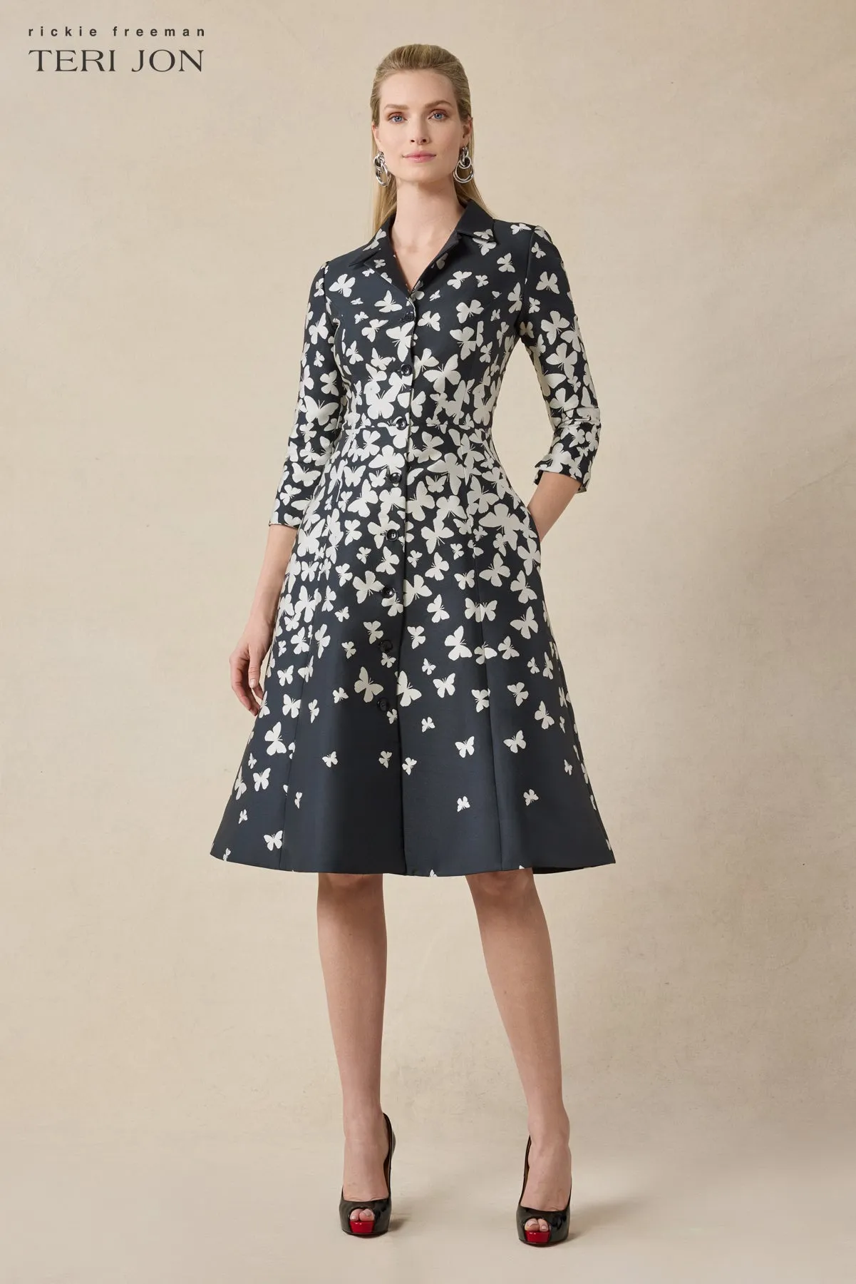 Mikado Butterfly Pattern Coat Dress sold by Teri Jon product image thumbnail 5
