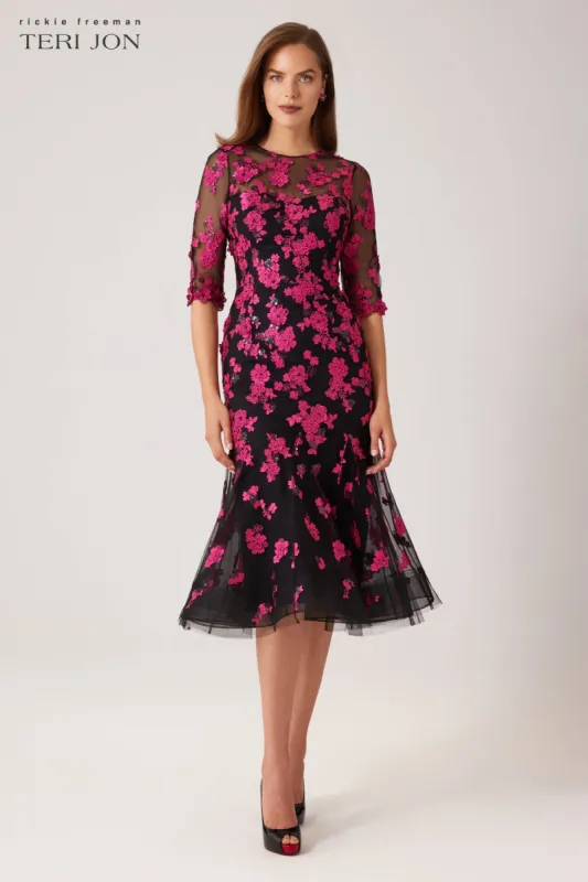 Flower Applique Godet Dress sold by Teri Jon