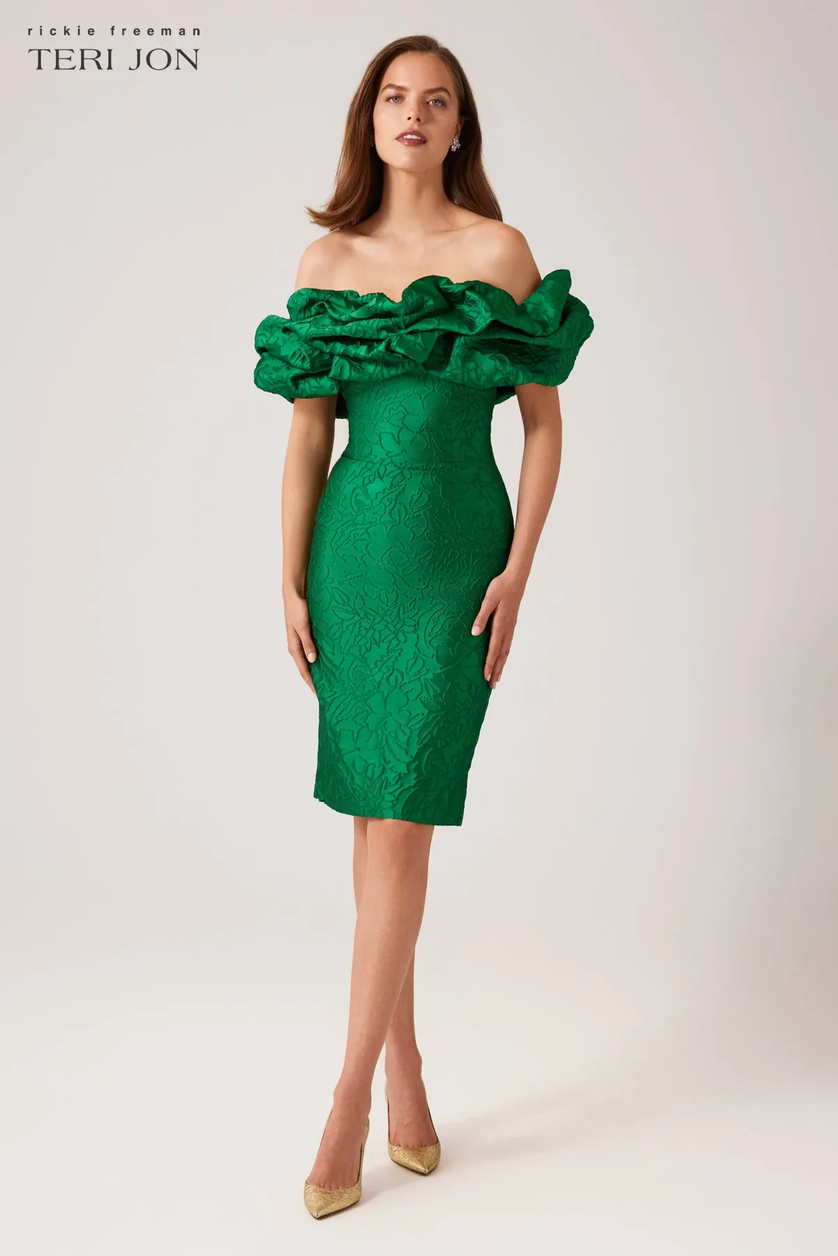 Textured Jacquard Crunch Off Sheath Dress sold by Teri Jon