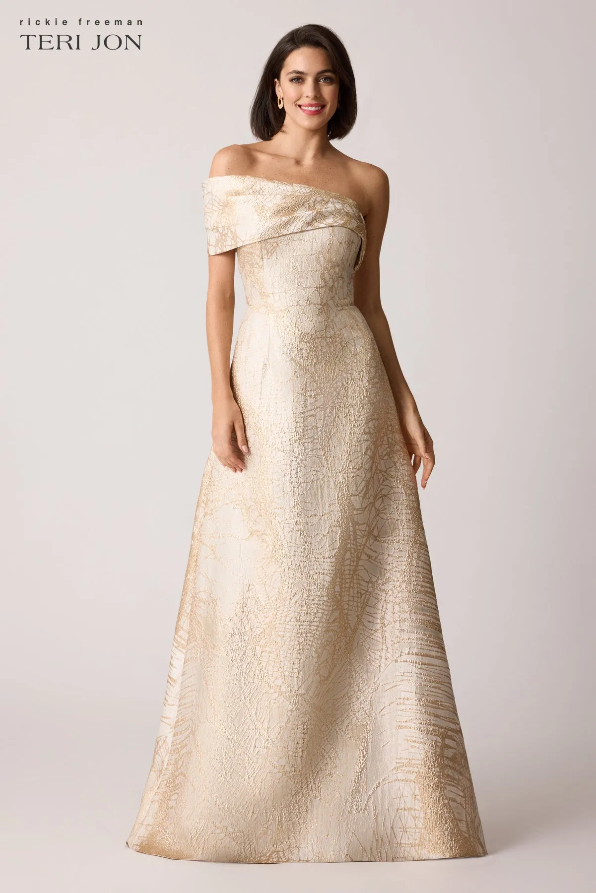 One Shoulder Cuff Jacquard Evening Gown sold by Teri Jon