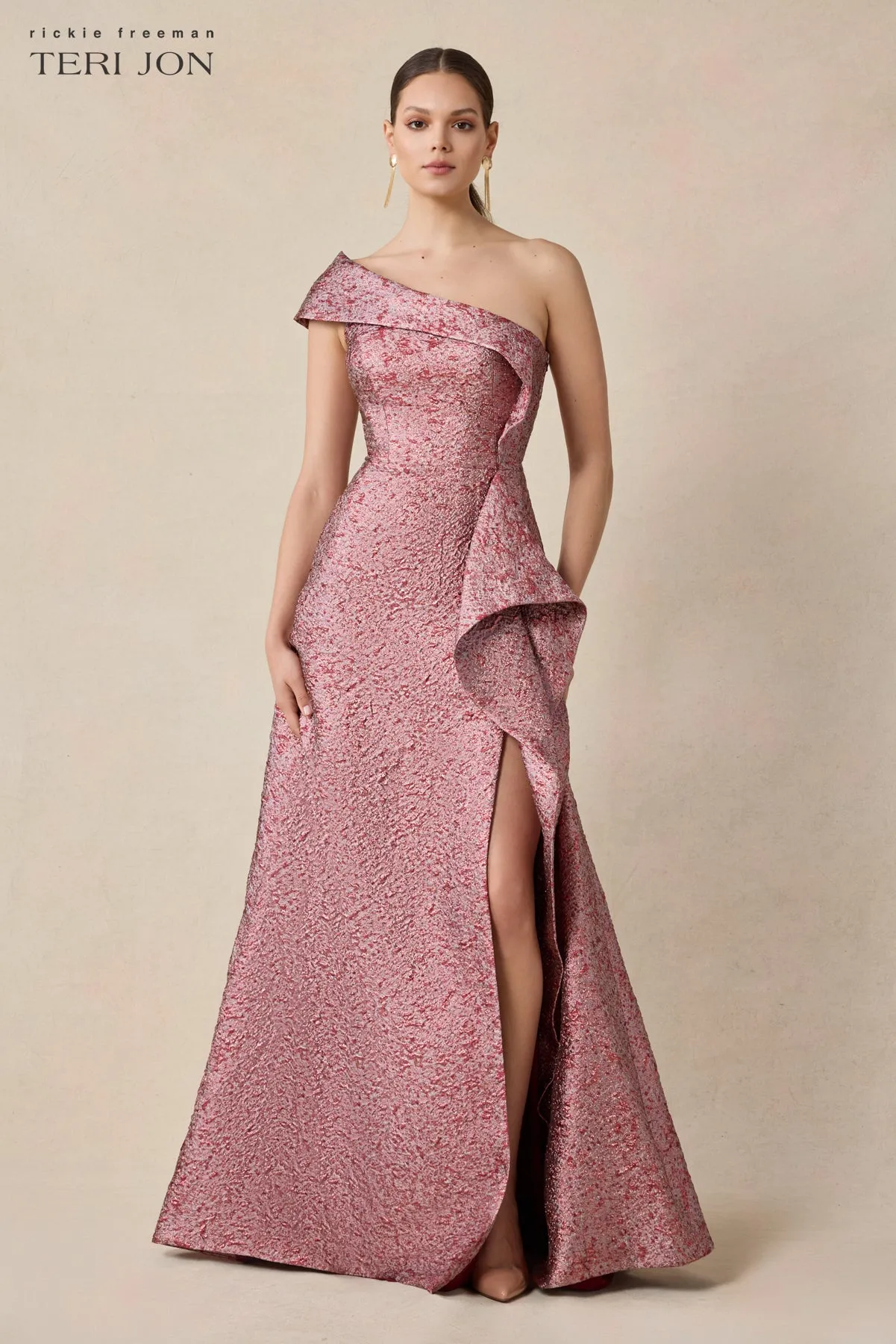 Metallic Jacquard One Shoulder Ruffle Evening Gown sold by Teri Jon