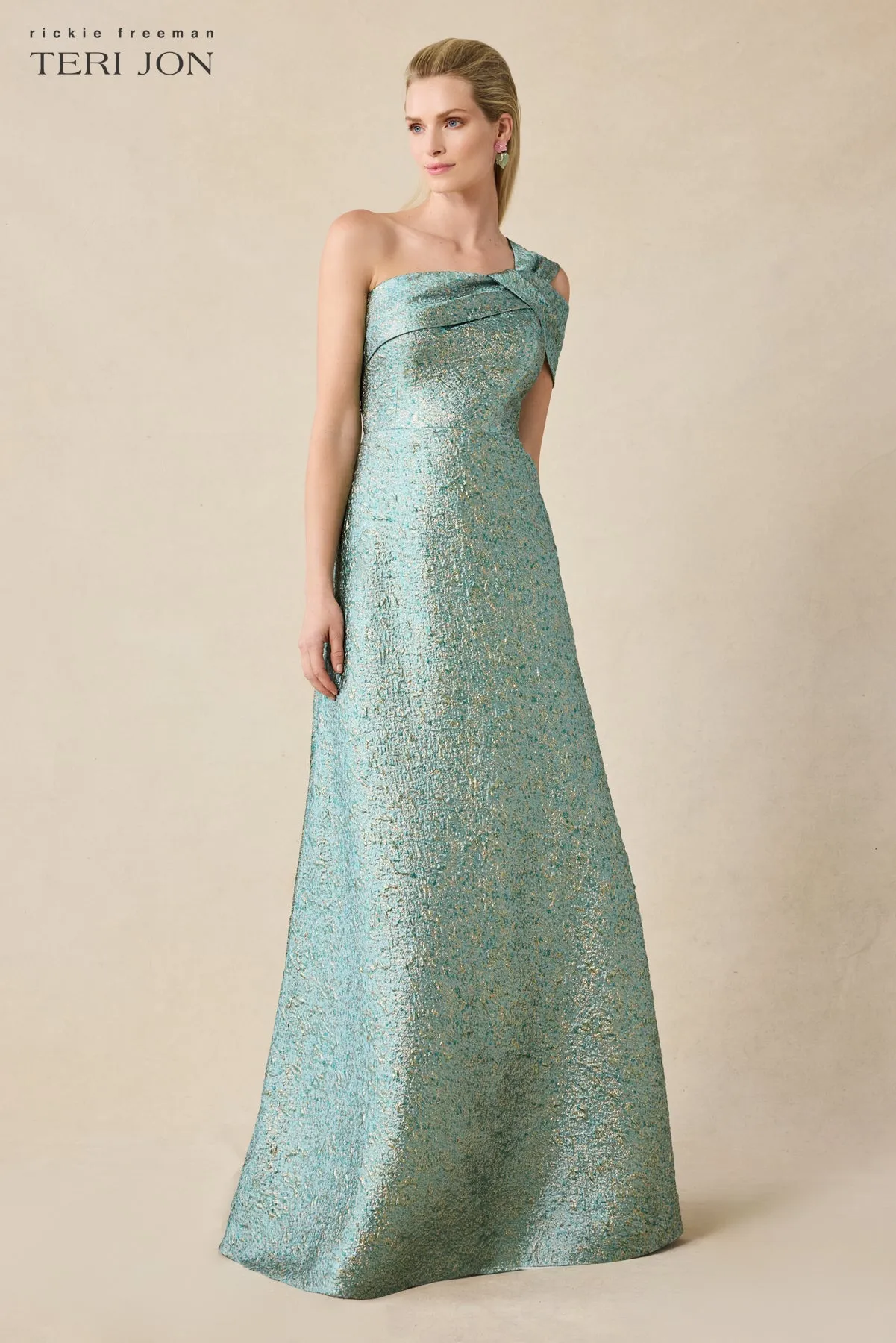 Metallic Jacquard Asymmetrical One Shoulder Evening Gown sold by Teri Jon product image thumbnail 2