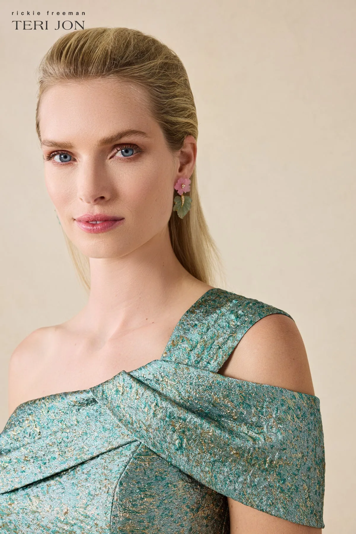 Metallic Jacquard Asymmetrical One Shoulder Evening Gown sold by Teri Jon product image thumbnail 3