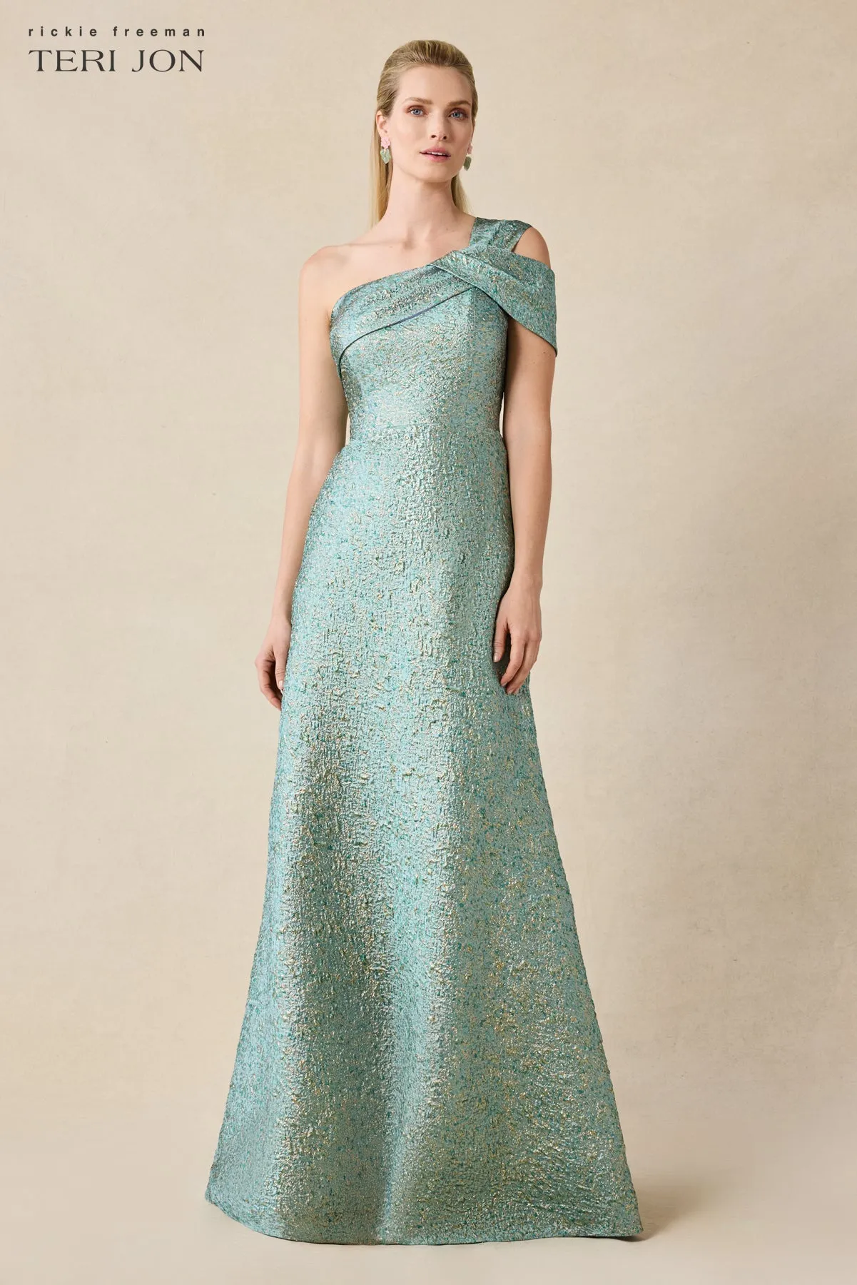 Metallic Jacquard Asymmetrical One Shoulder Evening Gown sold by Teri Jon