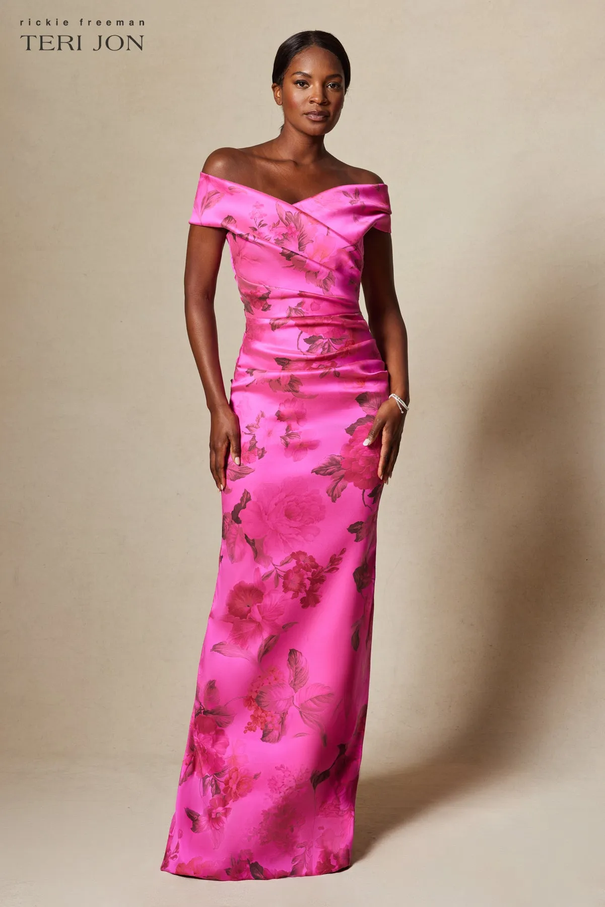 Stretch Printed Gazar Draped Off Shoulder Gown sold by Teri Jon product image thumbnail 3