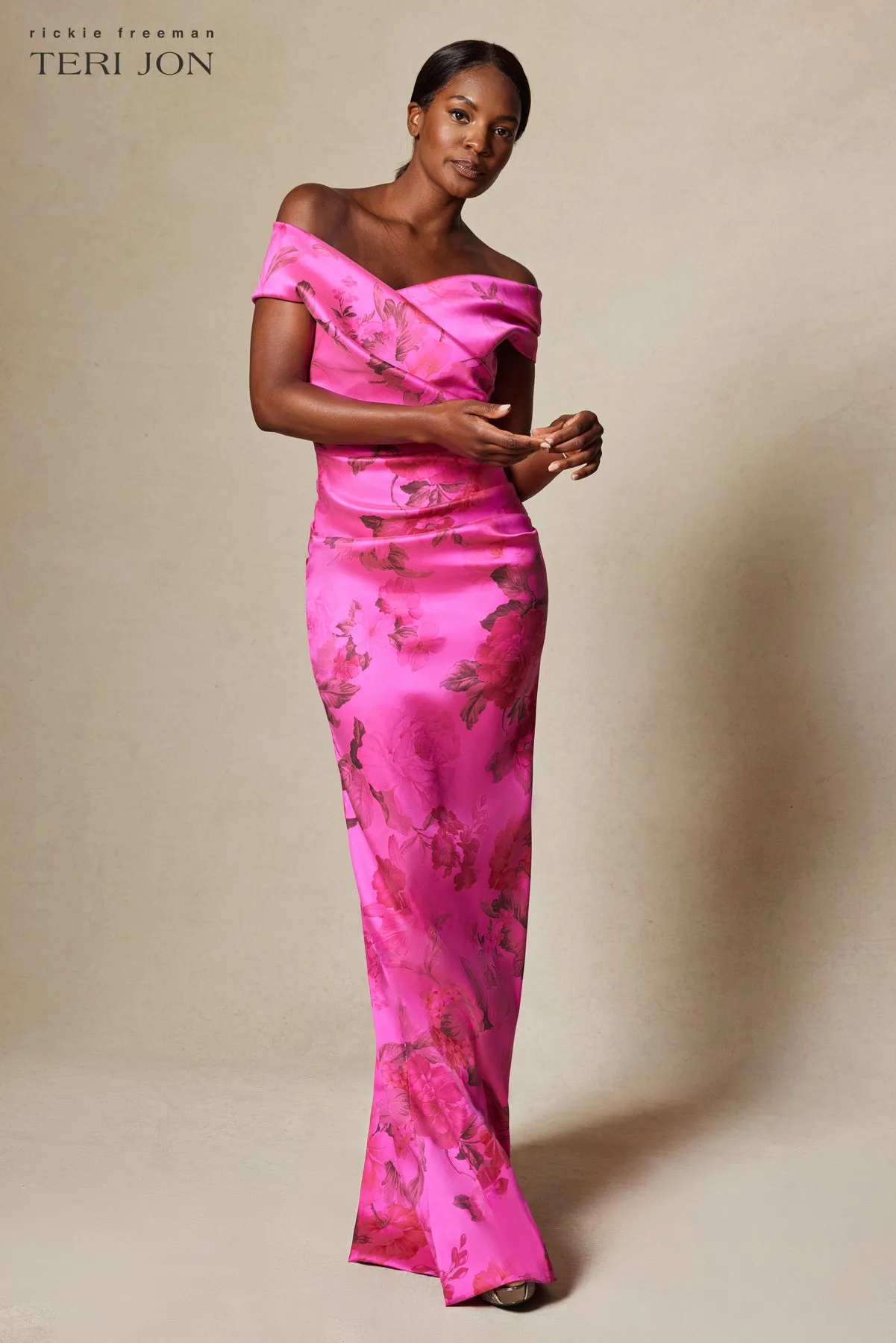 Stretch Printed Gazar Draped Off Shoulder Gown sold by Teri Jon product image thumbnail 2
